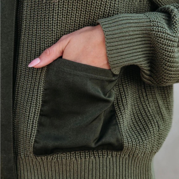 LOOKING LIKE A MILLION KNIT POCKETED SATIN ZIP UP SWEATER - OLIVE - Picture 2 of 5